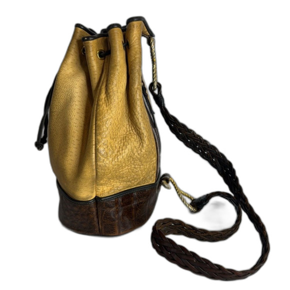 Vtg Sonlia Roberto Drawstring Bucket Bag leather ostrich look stylish - Picture 2 of 12